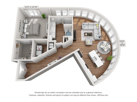 a stylized circle shaped floor plan with a bedroom and living room